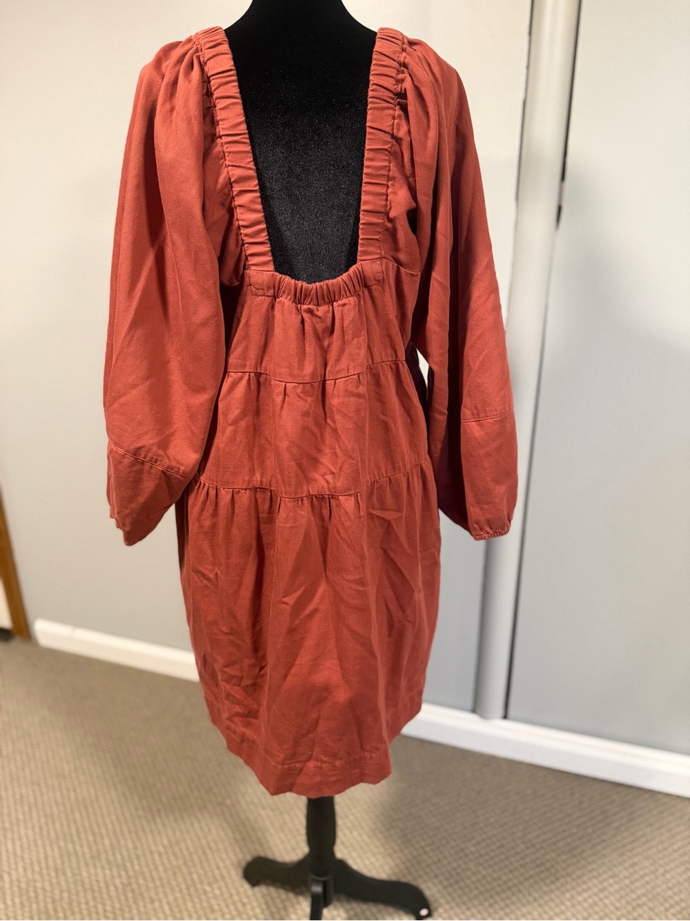 Free People Rust Orange Tiered Mini Dress Size Large Square Neck Cotton Boho - Picture 4 of 6